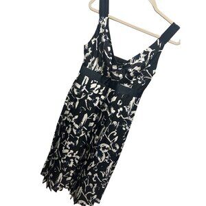 Express Y2K Black, Blue and White Floral Pleated Empire Waist Satin Dress